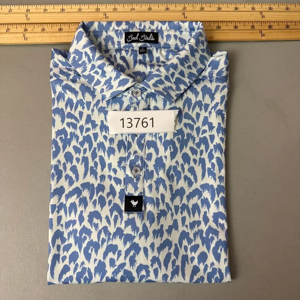 Bad Birdie Men’s L Golf Polo Shirt Blue & White Leopard Animal Print Performance
